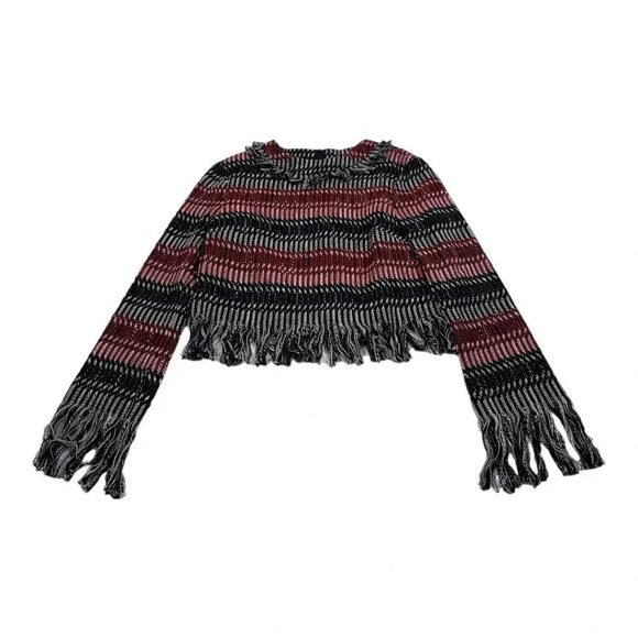 NICHOLAS Fringe Tweed Red Black Stripe Cotton Wool Woven Zip Top - Picture 6 of 15